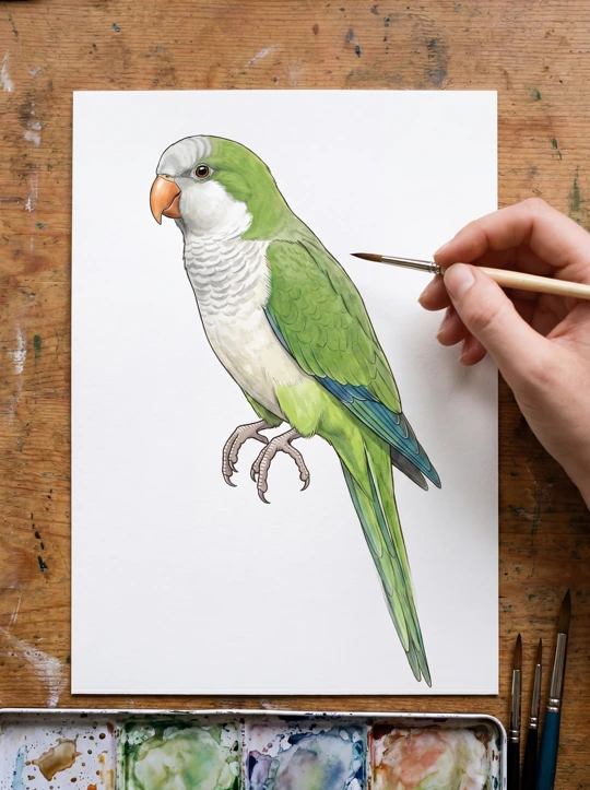 Maddie finishing a watercolor of Cpt. Squawk
